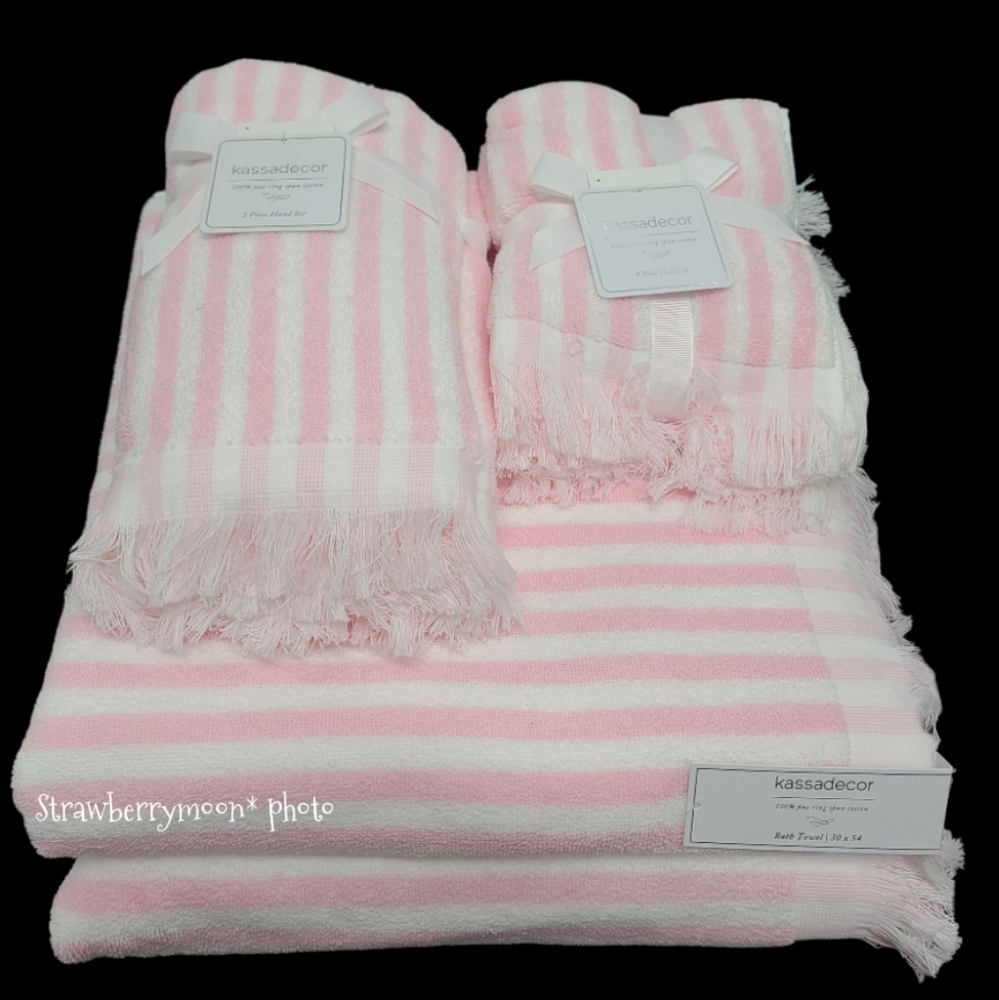 8pc Kassadecor Chic Parisienne Pink White Stripe Bath Hand Washcloth Towel Set